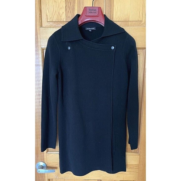 Eileen Fisher Black Coat Jacket Size XS Lightweight Knit Merino Wool Spring Fall - Picture 1 of 7